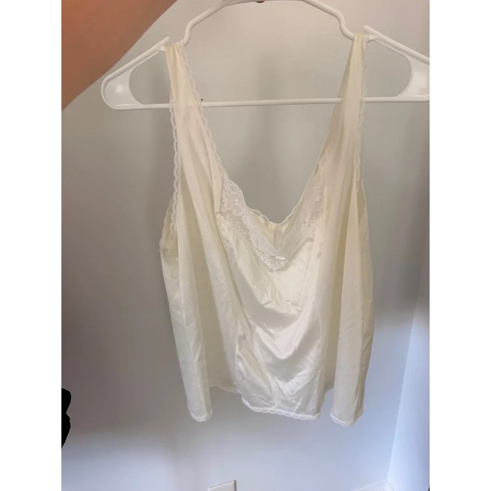 Vintage Ivory White Satin Lace Trim Camisole Tank Top Sleepwear Bow Detail - Picture 3 of 6